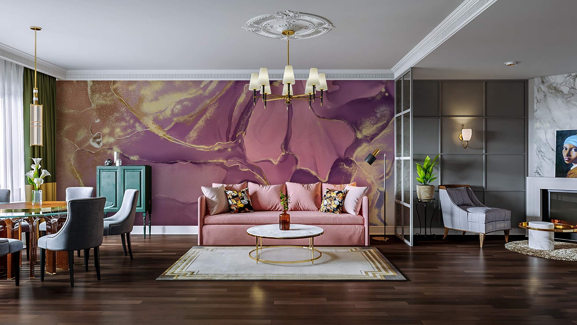 Decorative Purple and Gold Marble Wallpaper Mural for Living Room