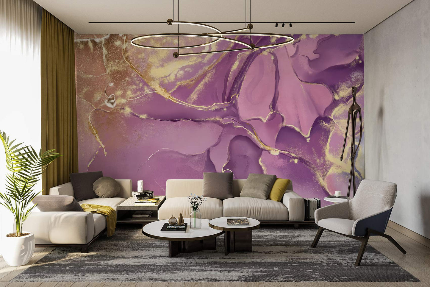 living room wallpaper mural purple and gold marble