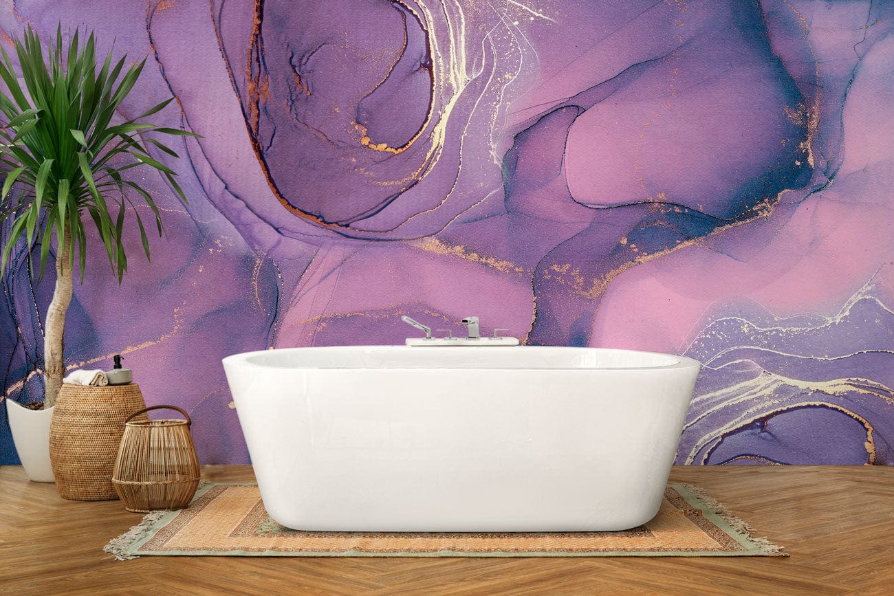 purple marble accent wall mural bathroom decor