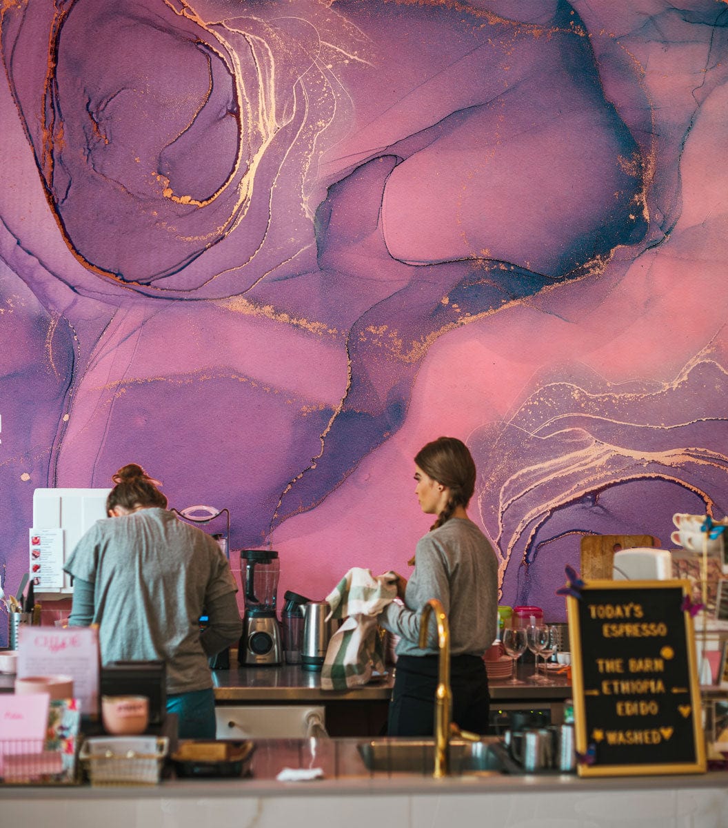 purple marble custom mural for restaurant interior