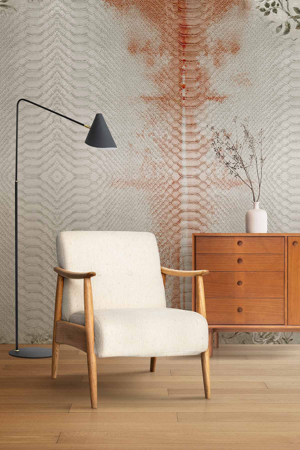 A wallpaper mural for the hallway with snake skin and flowers