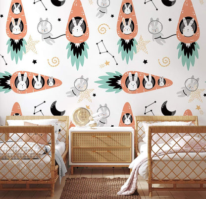 Whimsical Space Cat Mural Wallpaper in bedroom