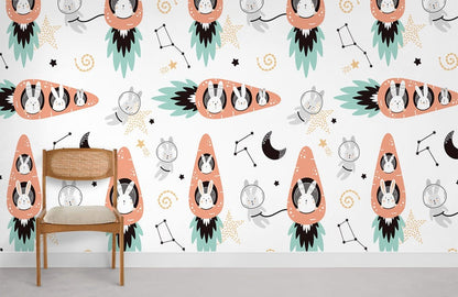 Whimsical Space Cat Mural Wallpaper in nursery