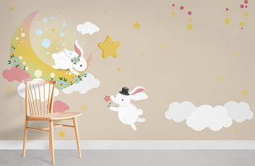 Whimsical Bunny Starry Night Mural Wallpaper