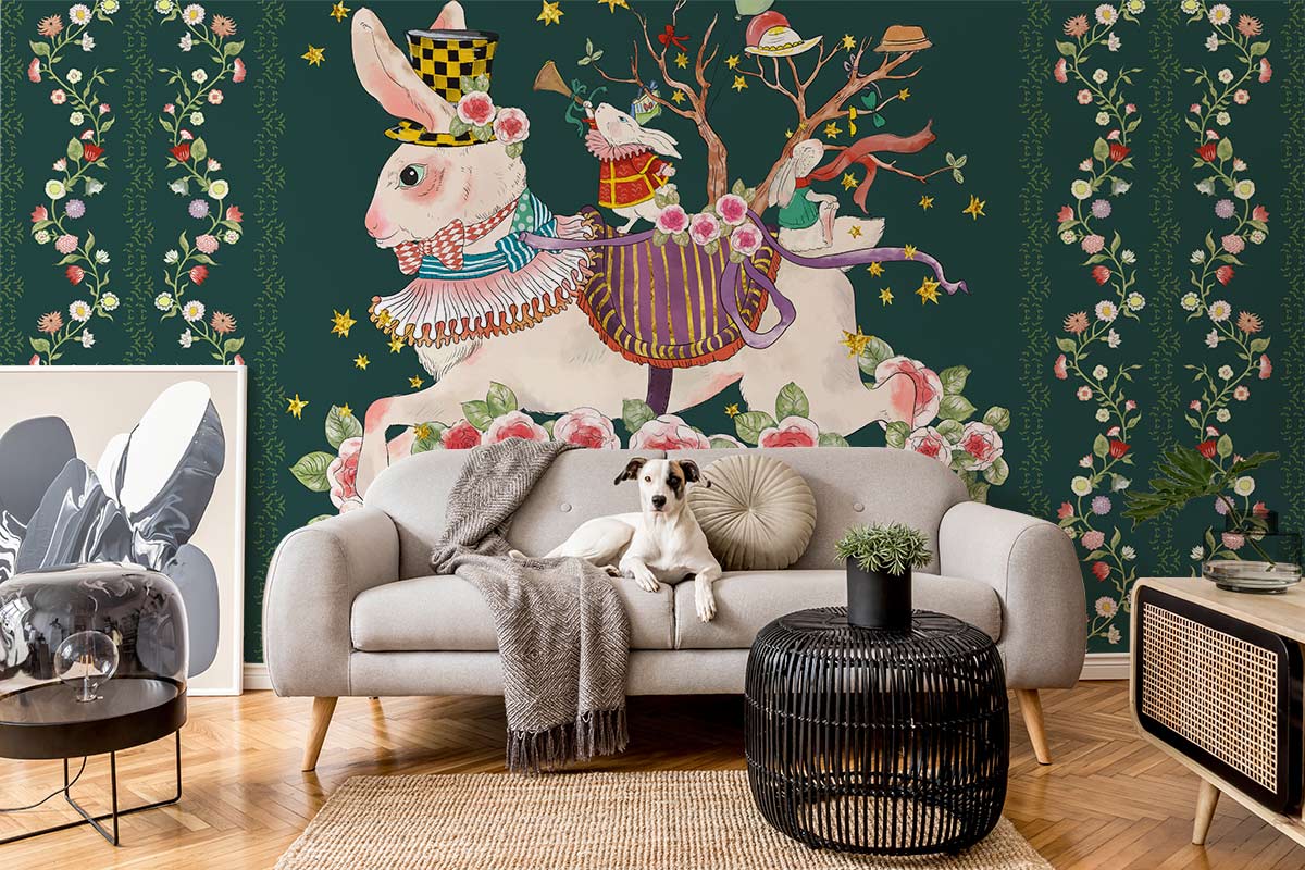 Living Room Mural Wallpaper Featuring Bunnies and Flowers