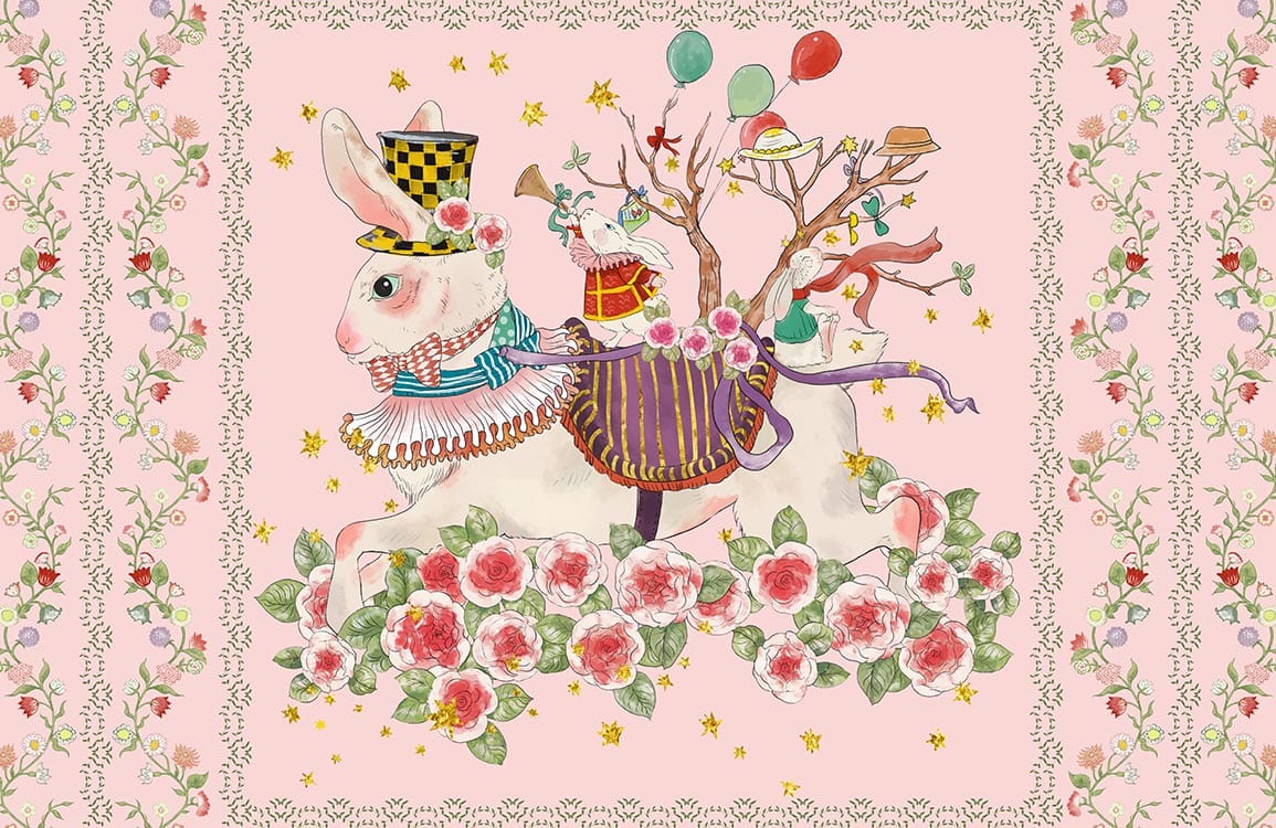 Rabbits & Flowers Wallpaper Mural Plain