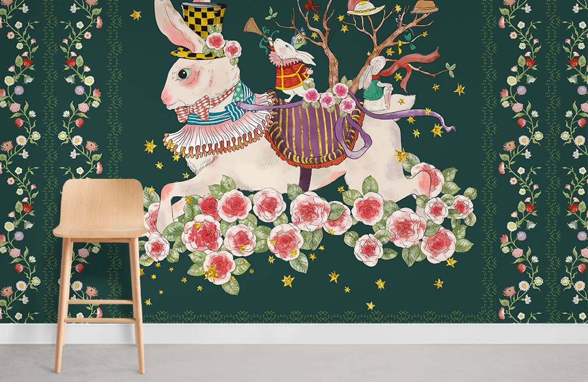 Room Mural Wallpaper Featuring Bunnies and Flowers