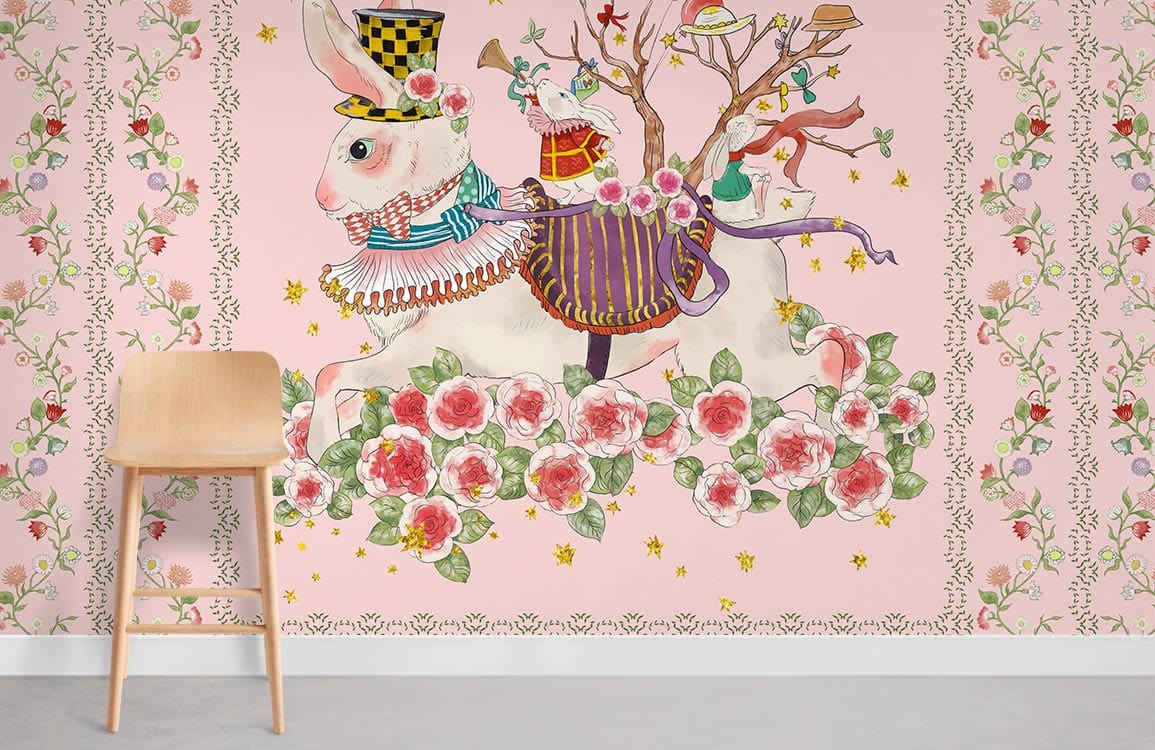 Rabbits & Flowers Wallpaper Mural Room