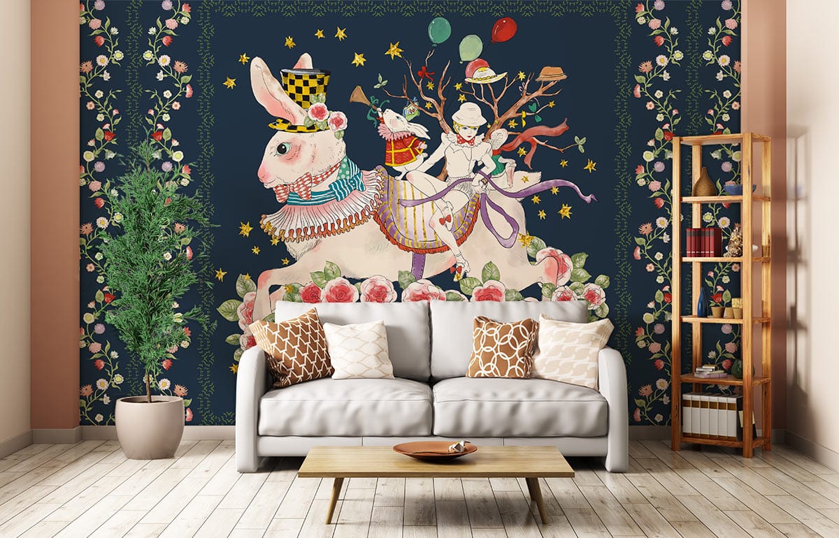 Rabbits Flowers & Girl Wallpaper Mural Art Design