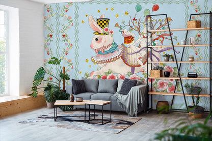 Rabbits Flowers & Girl  Wallpaper Mural Home Interior Decor