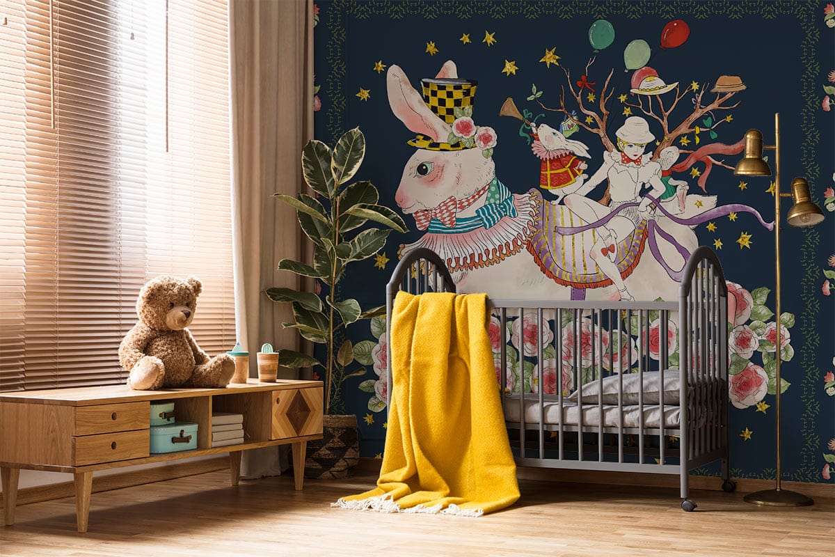 Colorful Rabbbit and Flower Wall Mural For Nursery Room