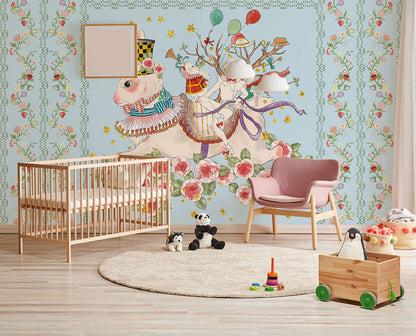 Rabbits Flowers & Girl ll Wallpaper Mural Nursery Room