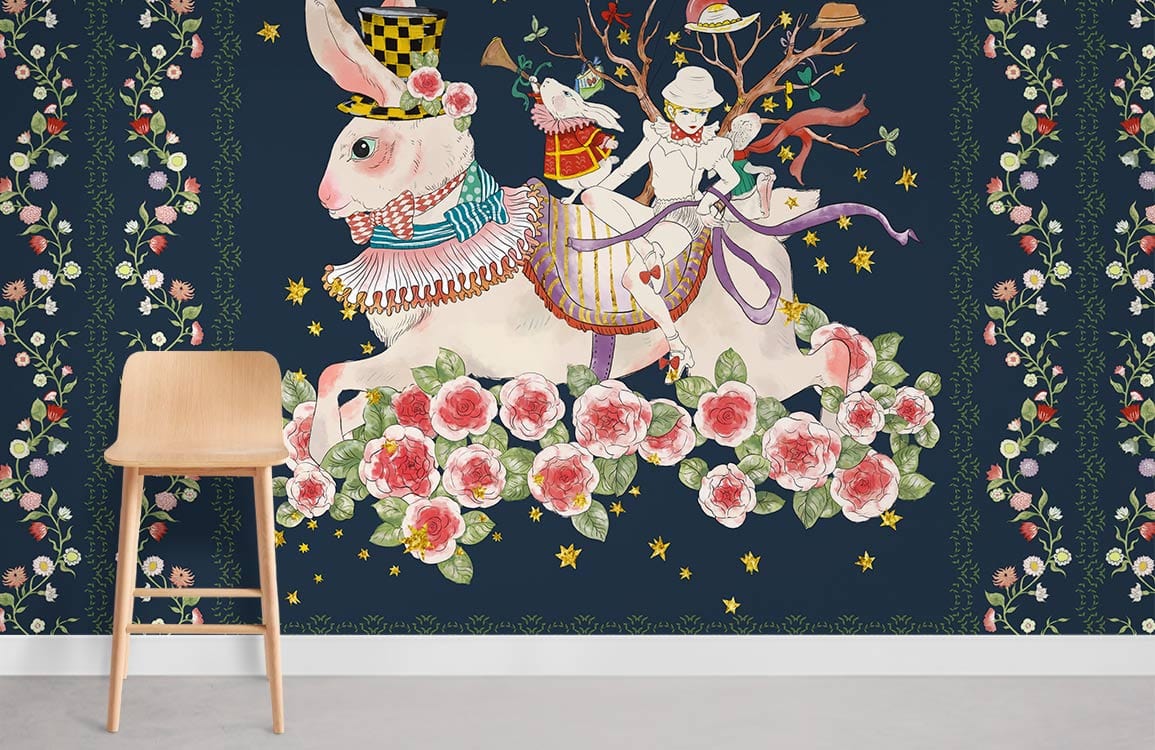 Rabbits Flowers & Girl Wallpaper Mural Room Decoration Idea