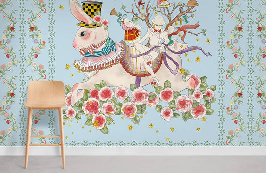 Rabbits Flowers & Girl Wallpaper Mural Room Decoration Idea