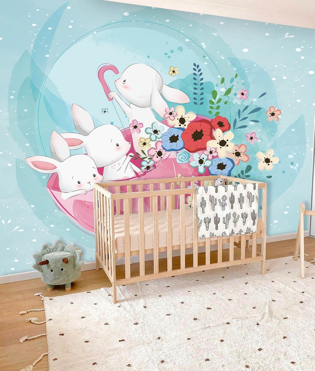 Flower Holder Rabbits Custom Cartoon Wallpaper Design