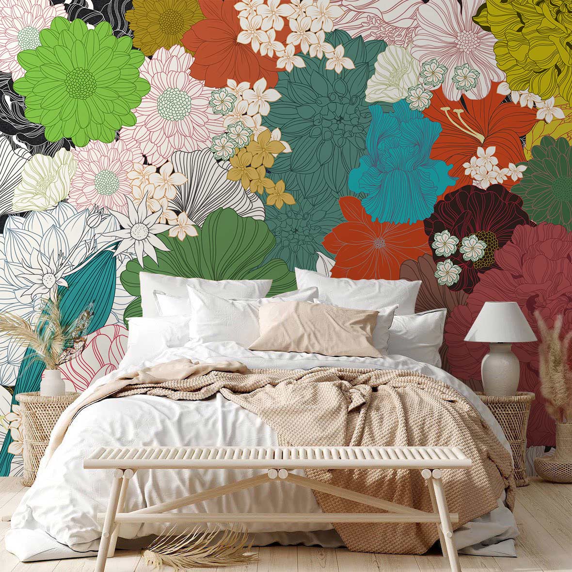 colorful line drawn flower pattern mural art design