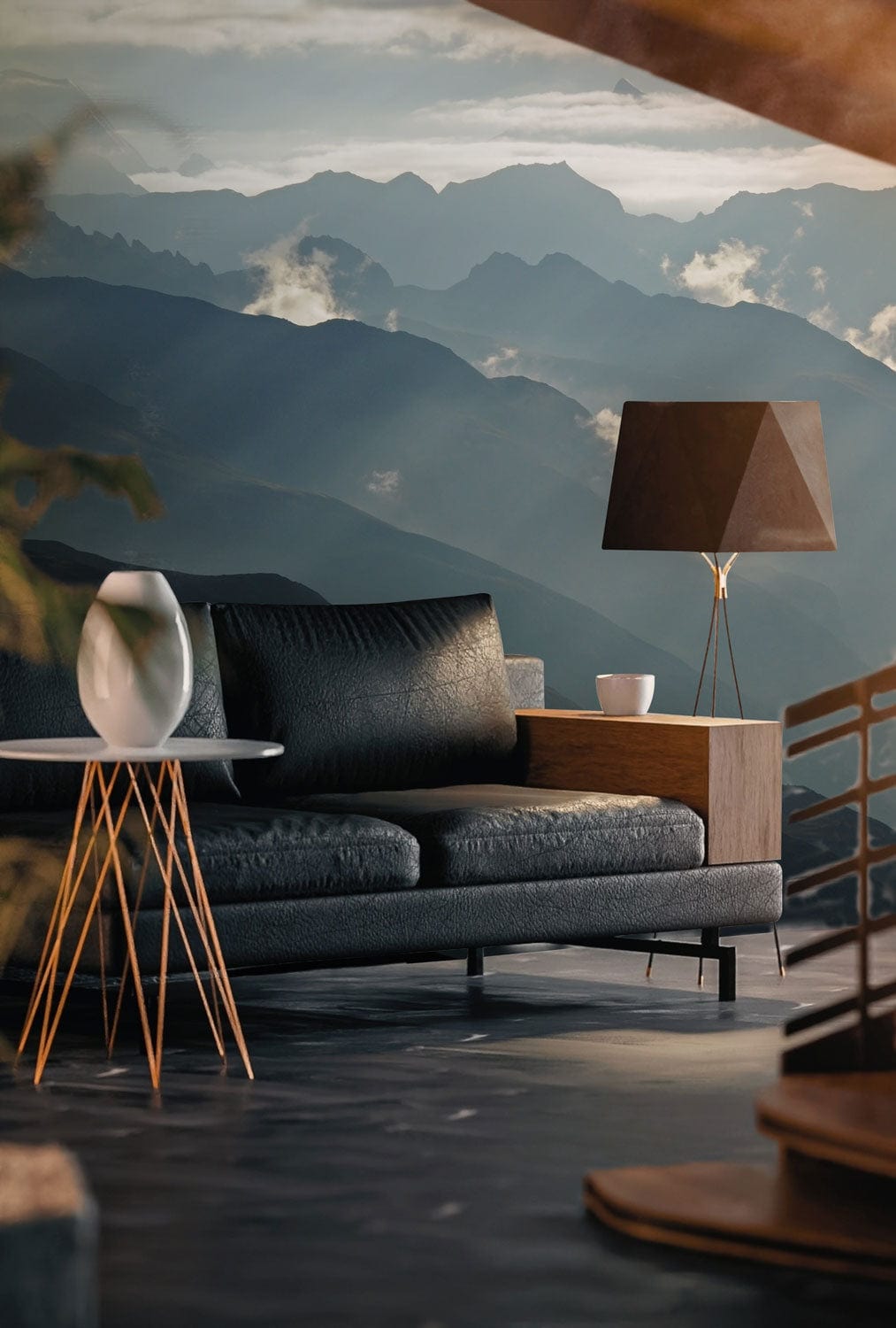 Wallpaper mural with a mountain range and landscapes, ideal for use in the living room