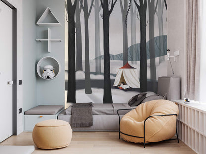 Wall Mural for Hallway Decoration Featuring a Reading Scene Set in the Forest