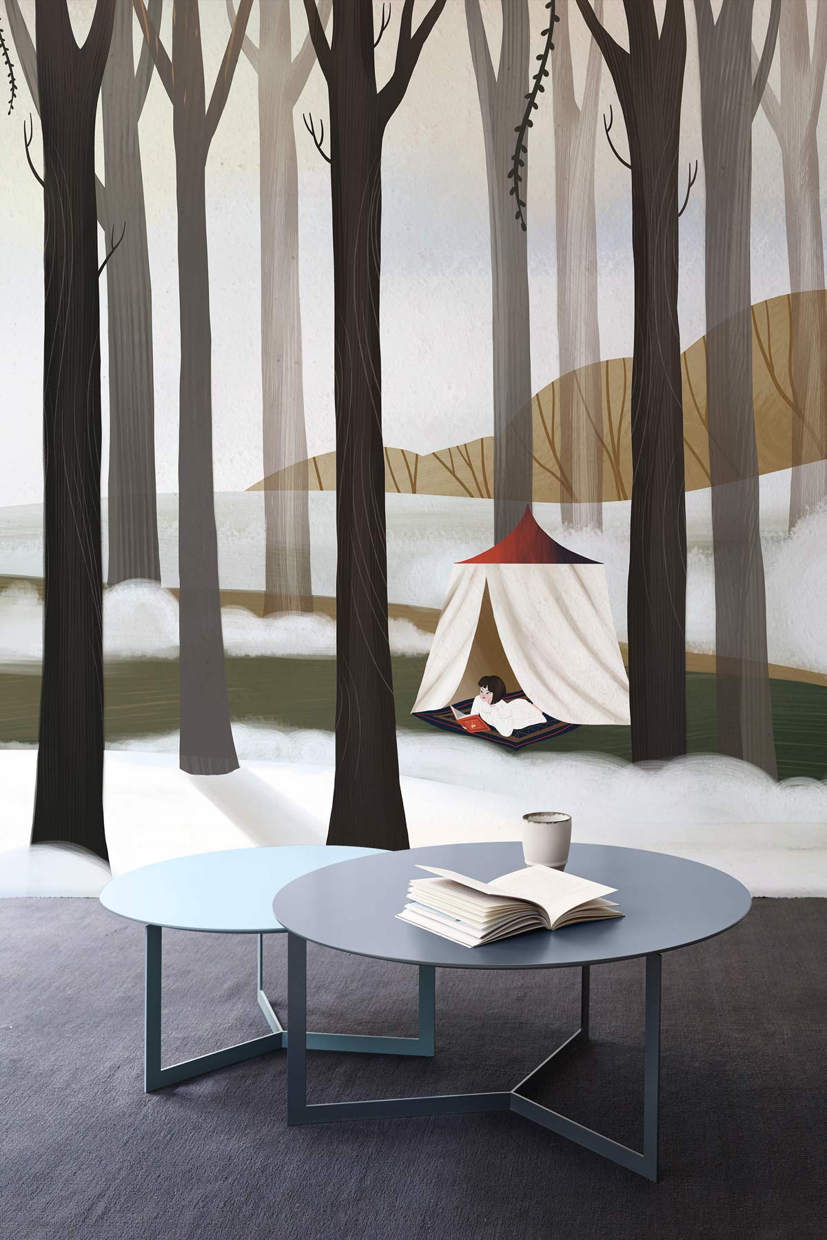 Reading in the Woods Wall Mural Wallpaper for Bookstore Decoration