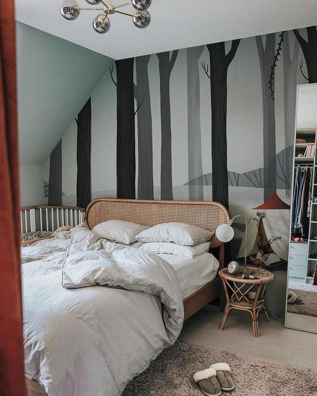 Wallpaper mural for bedroom decor with a person reading in the woods