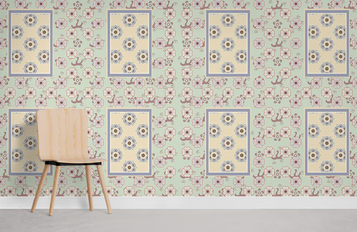 Room with a Wallpaper Mural Featuring a Rectangle and Flowers