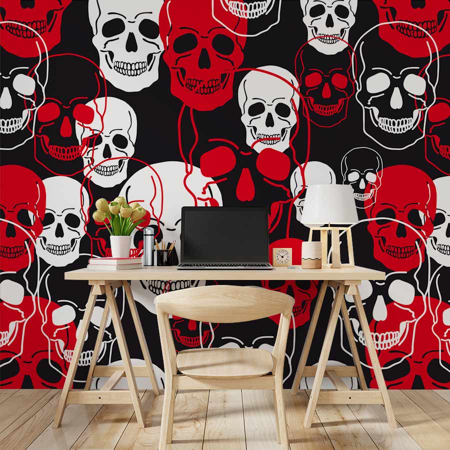 Black Skeleton Head Pattern Custom Wallpaper Interior