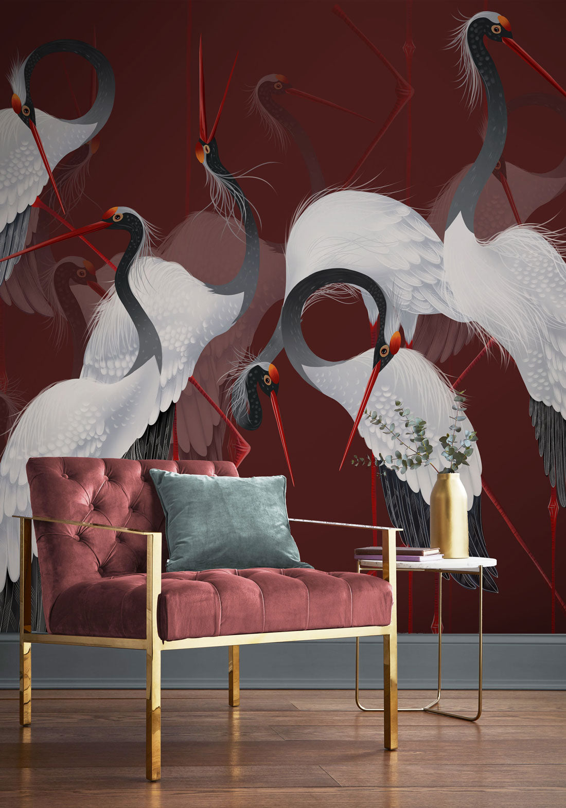 wallpaper mural depicting a flock of cranes for the living room