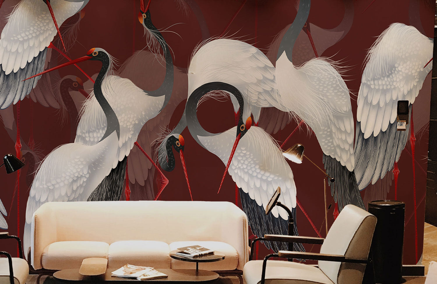 wall paintings of red-crowned cranes for the living room