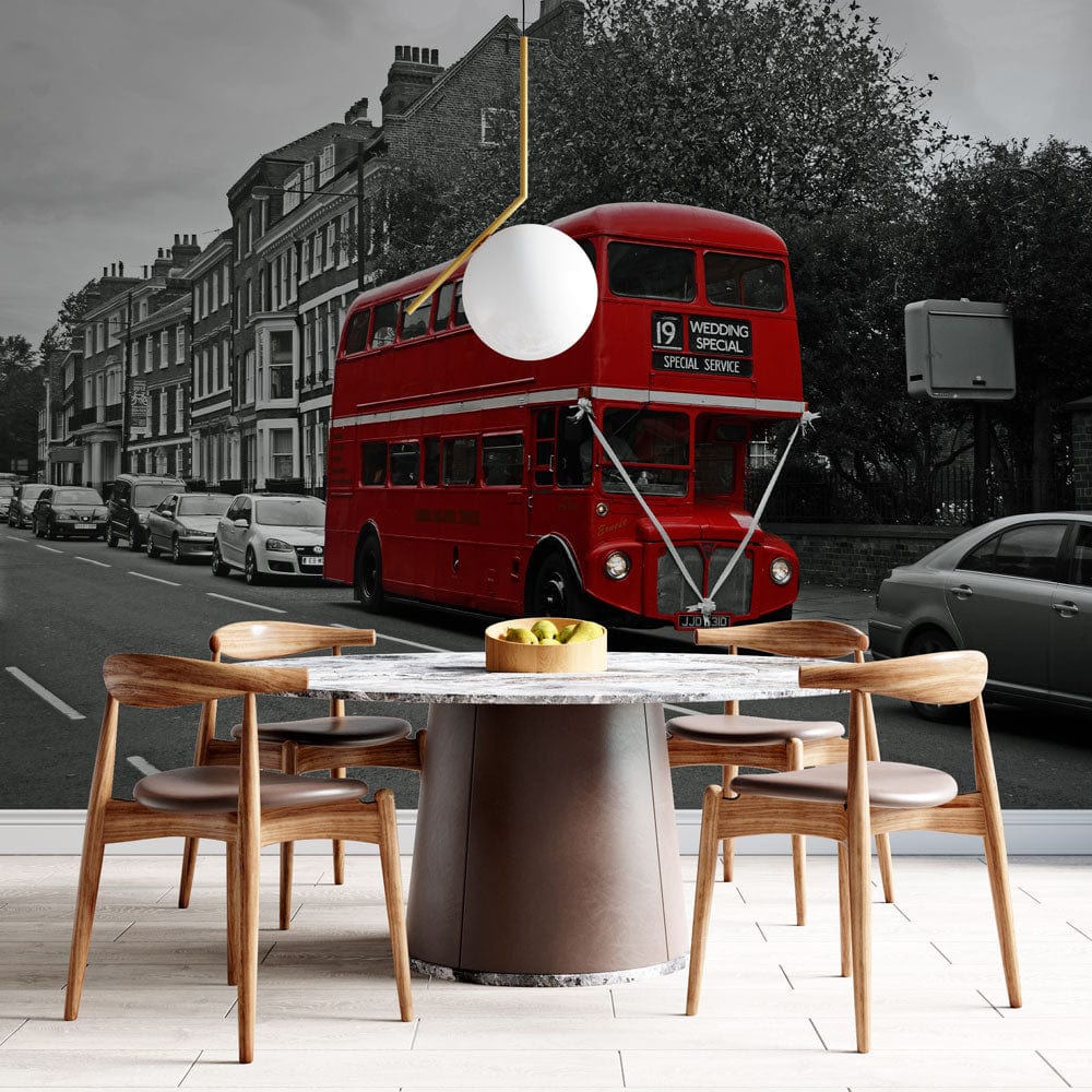 Wallpaper mural with a red double-decker bus scene for the dining room's decor.