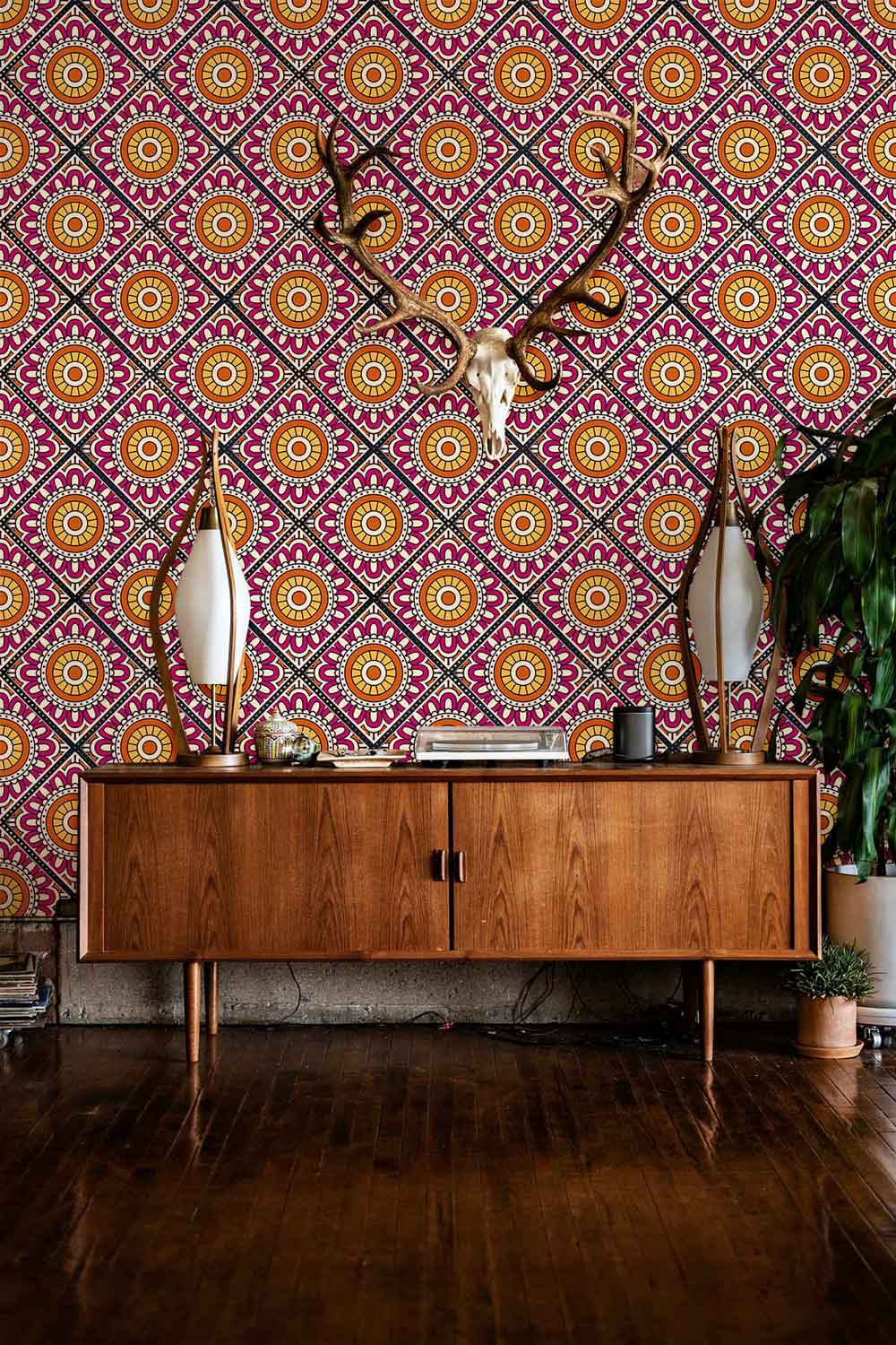 In order to decorate a hallway, choose red wallpaper murals with repeating floral motifs.