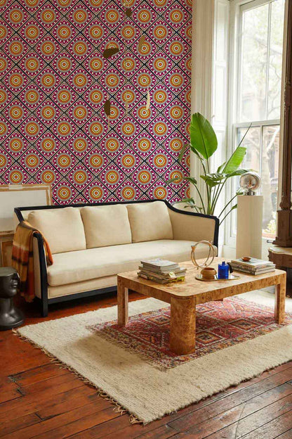 a red repeating pattern wallpaper mural for the living room