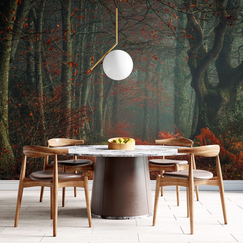 red in forest wallpaper mural dining room custom design