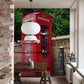 Wallpaper mural with a red phone booth scene for the dining room's decor.