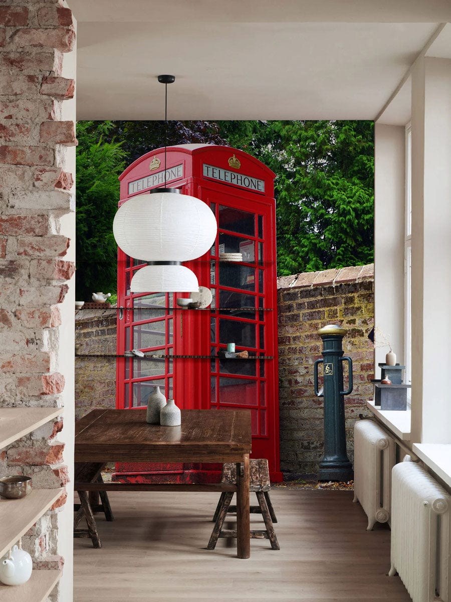 Wallpaper mural with a red phone booth scene for the dining room's decor.