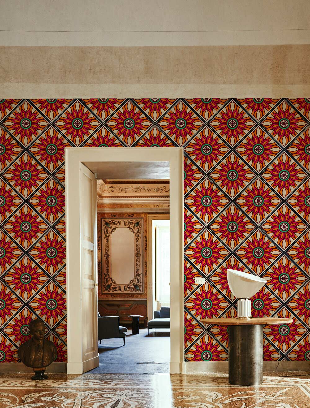 a bohemian red flower pattern wallpaper mural for the hallway