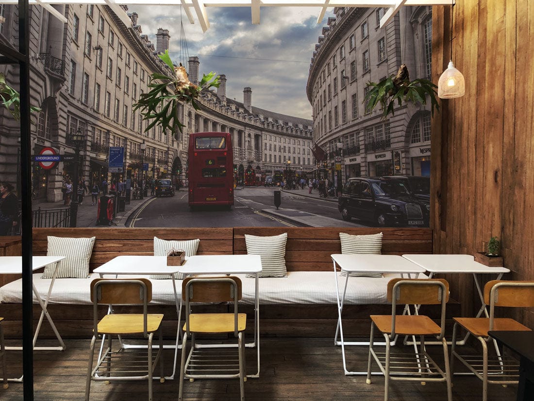 Wallpaper mural depicting scenes from Regent Street, ideal for use in decorating the dining room.