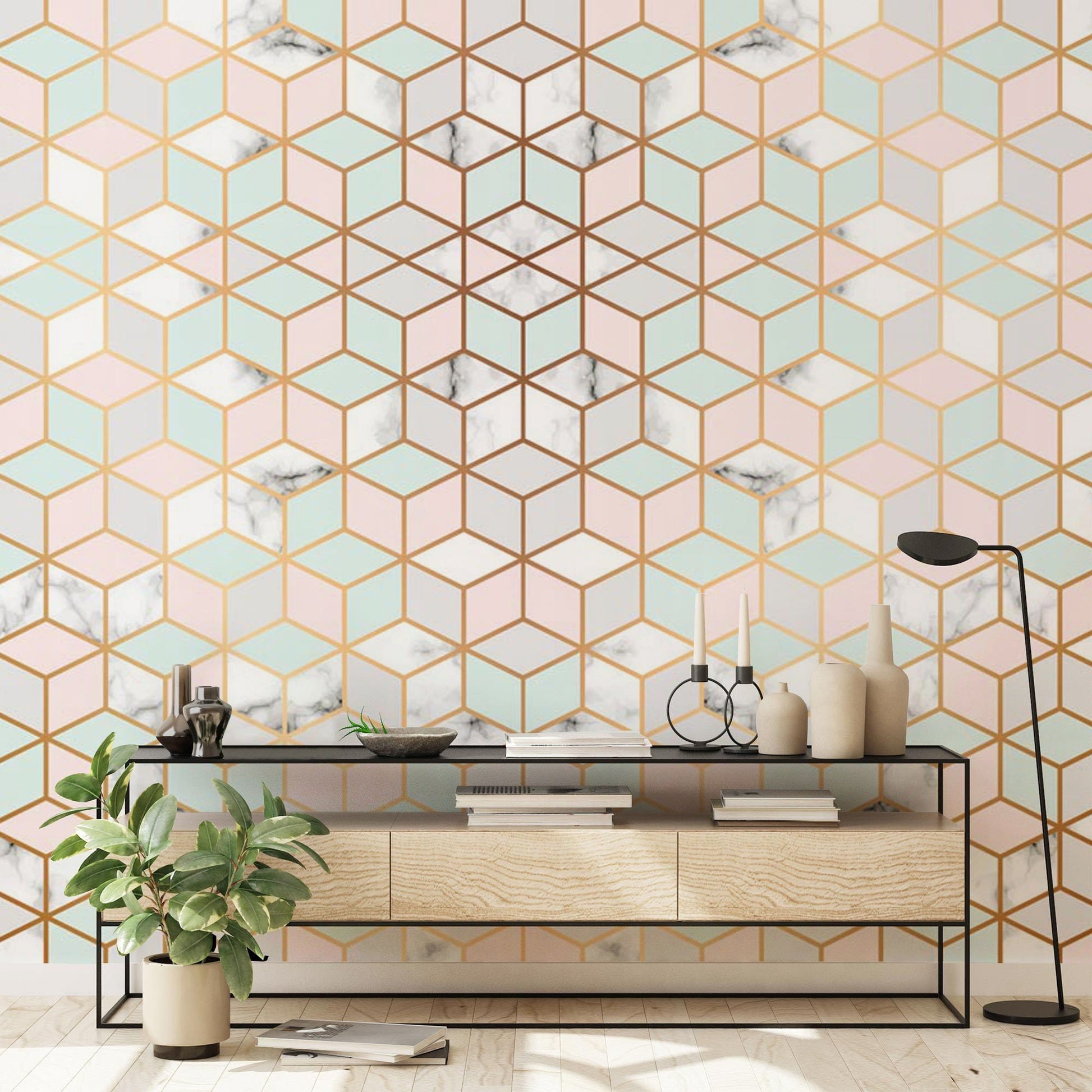 Wallpaper with a Regular Geometric Marble Pattern for the Living Room