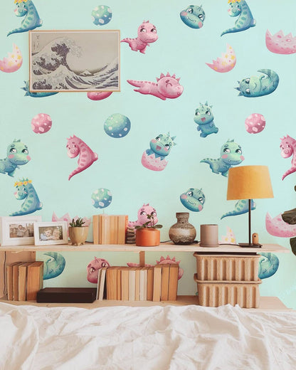 Cute Dinosaur Cartoon Kids Mural Wallpaper in bedroom