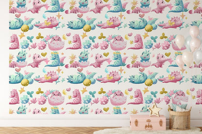 Cute Whimsical Dinosaur Kids Mural Wallpaper in kid's room