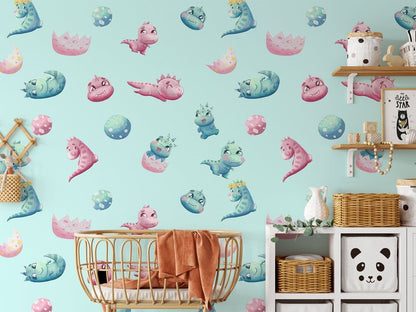 Cute Dinosaur Cartoon Kids Mural Wallpaper in nursery