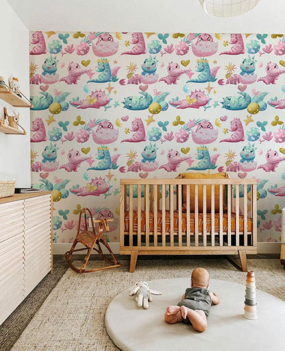 Cute Whimsical Dinosaur Kids Mural Wallpaper in nursery