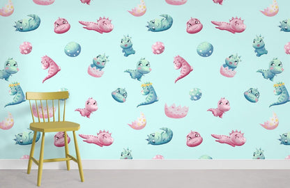 Cute Dinosaur Cartoon Kids Mural Wallpaper in child's room