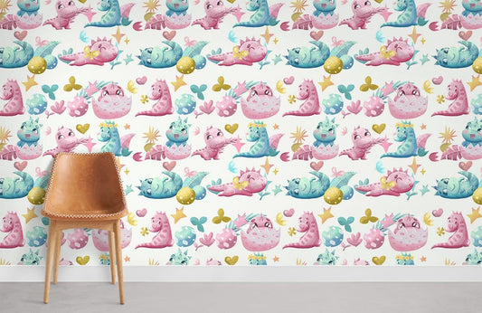 Cute Whimsical Dinosaur Kids Mural Wallpaper in child's room