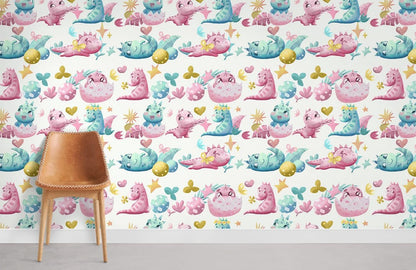 Cute Whimsical Dinosaur Kids Mural Wallpaper in child's room