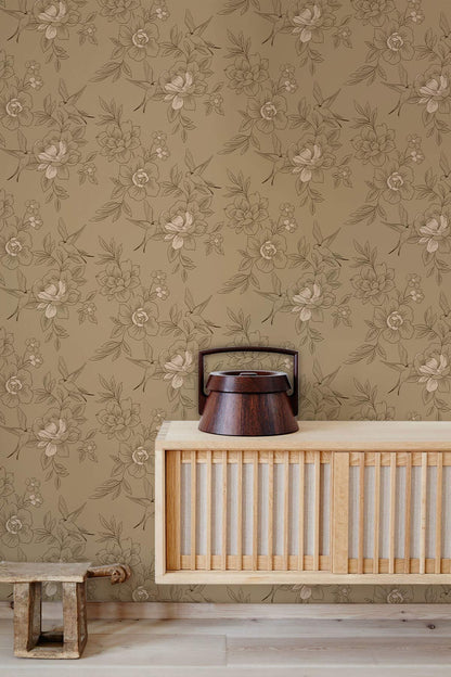 Vintage Beige Floral Pattern Mural Wallpaper in living room