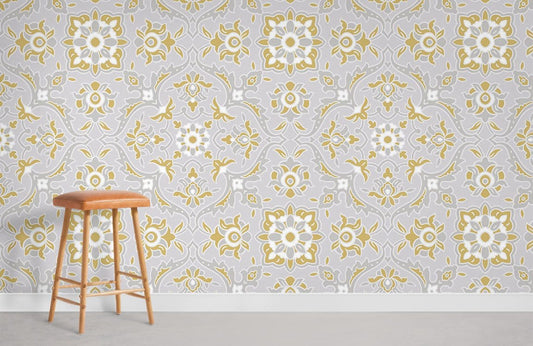 Elegant Gold Floral Damask Wallpaper Mural