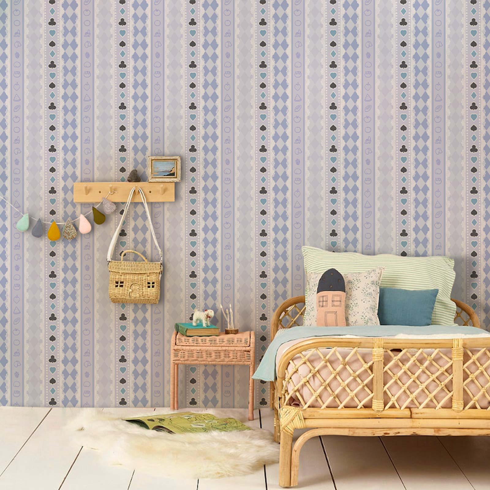 Wallpaper Mural with Repeated Pattern of Cards and Foods for Bedroom