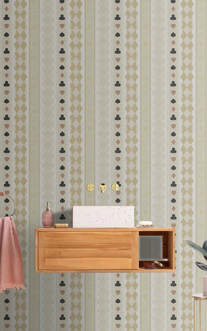 Wallpaper Mural with Repeated Pattern of Cards and Foods for Bathroom