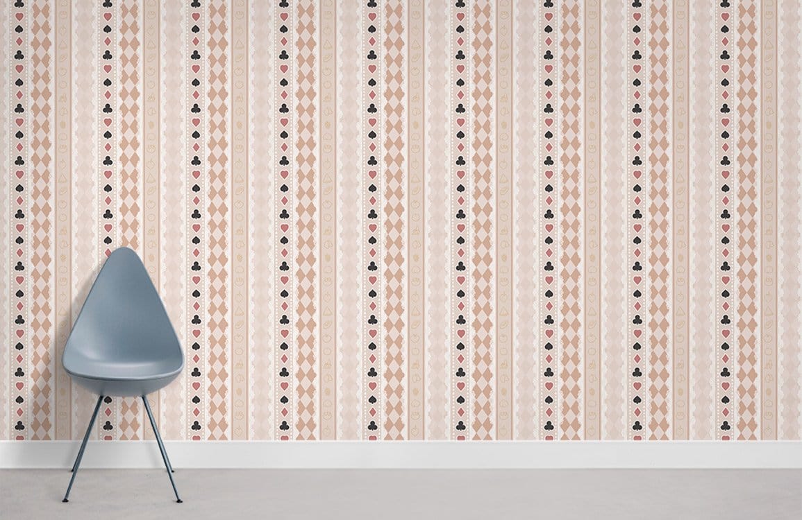 Wallpaper with a repeating pattern of cards and food