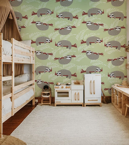 Charming Sloth Green Nursery Mural Wallpaper in playroom